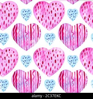 Motivo senza cuciture con cuori acquerelli. Cuori tenera rosa e blu con trama di carta con linee e punti su sfondo bianco. Per invitati di nozze Foto Stock