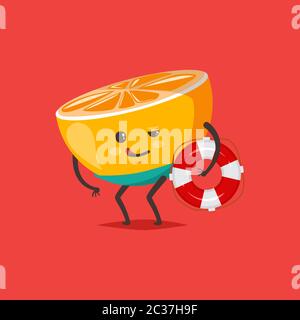 Arancione divertente in tronchi da bagno con una boa vita. Vettore cartoon frutta carattere isolato su sfondo. Illustrazione Vettoriale