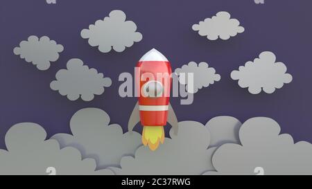 Il rendering 3d 3d illustrator, Cartoon red astronave librarsi nel cielo attraverso le nuvole Foto Stock