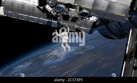 Astronauta Spacewalk, astronauta nello spazio aperto. Elementi di questa immagine forniti dalla NASA. Rendering 3D. Foto Stock