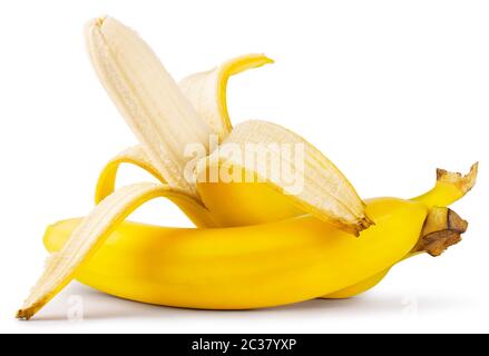 Sbucciate banana matura isolata su sfondo bianco Foto Stock