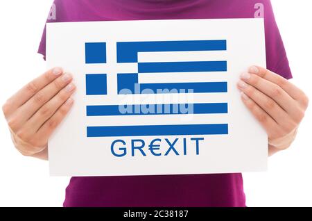 Ragazza con foglio di carta bianco con stampato Bandiera della Grecia e di scrivere Grexit Foto Stock