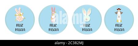 Badge di pasqua. Raccolta di biglietti d'auguri. Angel e coniglio coniglietto. Traduzione Dallo Spagnolo: Buona Pasqua. Foto Stock