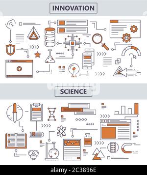 Serie vettoriale di moderni banner di concetto di innovazione scientifica a linee sottili Illustrazione Vettoriale