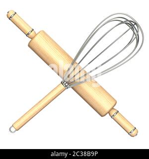 Il perno di laminazione in legno e il filo metallico in acciaio rendono l'illustrazione isolata su sfondo bianco Foto Stock