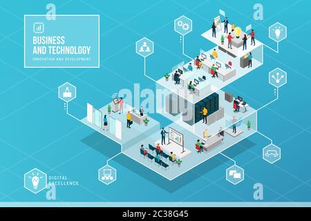 Innovazione aziendale e tecnologia infografica isometrica: Innovazione tecnologica e compiti in un'azienda IT aziendale Illustrazione Vettoriale