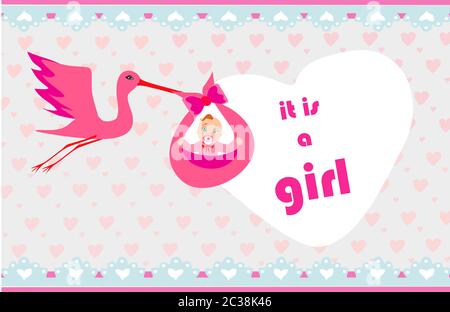 Baby girl Card - Una cicogna offrendo un simpatico baby girl. Foto Stock