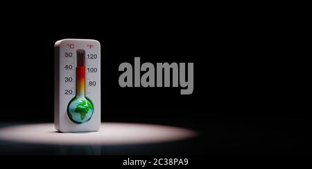Messa a terra in forma di un termometro protagonista su sfondo nero con copia spazio 3D'illustrazione, il riscaldamento globale concetto Foto Stock