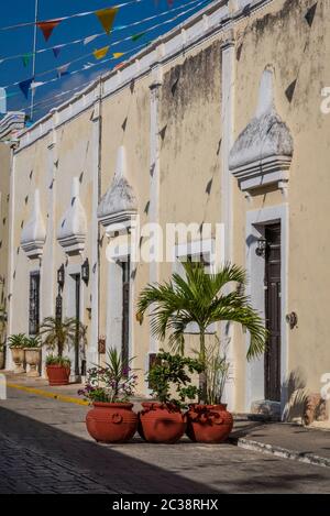 Bella facciata con ombre di Garlands con bandiere triangolari e piante in vaso di fronte ad essa, Via dei Frati, Valladolid, Yucatan, Messico Foto Stock