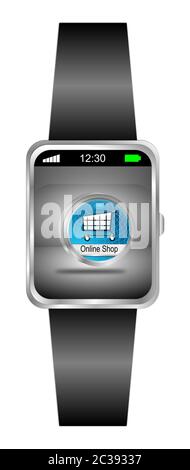 Smartwatch con pulsante blu online Shop sul display argento - illustrazione 3D Foto Stock