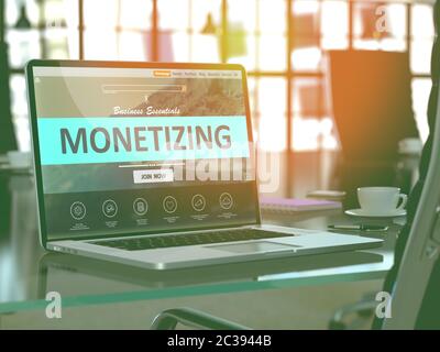 Ambiente di lavoro moderno con notebook che mostra la landing page con concetto di monetizzazione. Immagine tonata con messa a fuoco selettiva. Rendering 3D. Foto Stock