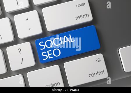 Pulsante della tastiera del computer denominato Social Seo. Tastiera moderna con le parole Social Seo sulla tastiera blu. Tasto Seo social sulla tastiera sottile in alluminio. Chiave S Foto Stock