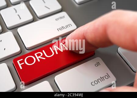 Mano di giovane uomo sul forum Red Keypad. Concetto di forum. Concetto del forum - tastiera moderna con tastiera del forum. Forum - informazioni sulla tastiera del computer. Chiave moderna Foto Stock