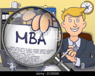 MBA - Master Administration Education. Business Man dà il benvenuto in ufficio e tiene fuori MBA offerta di formazione attraverso Lens. Coloured Modern Line Illustratio Foto Stock