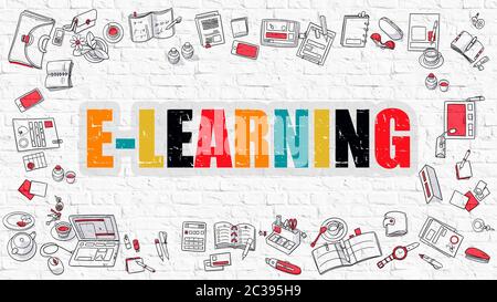 E-learning. Iscrizione multicolore su muro di mattoni bianchi con icone Doodle intorno. Concetto di e-learning. Illustrazione di stile moderno con l'icona Doodle Design Foto Stock