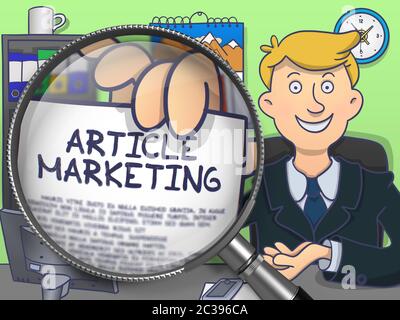 Articolo Marketing su carta in mano di uomo d'affari per illustrare un concetto di business. Vista in primo piano attraverso la lente di ingrandimento. Illu stile Doodle multicolore Foto Stock
