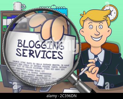 Blogging servizi su carta nella mano dell'uomo d'affari per illustrare un concetto di affari. Vista closeup tramite lente di ingrandimento. Multicolore Doodle Style Illustratio Foto Stock