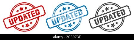 aggiornato timbro. aggiornato segno isolato rotondo. aggiornato set di etichette Illustrazione Vettoriale
