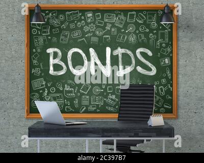 Legami - manoscritto Inscription da Chalk su lavagna verde con icone Doodle intorno. Concetto di business all'interno di un moderno ufficio sul grigio Foto Stock