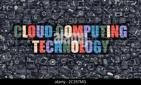 Tecnologia di cloud computing. Iscrizione multicolore su Muro di mattoni con icone Dodle. Concetto di tecnologia di cloud computing in stile moderno. COM cloud Foto Stock