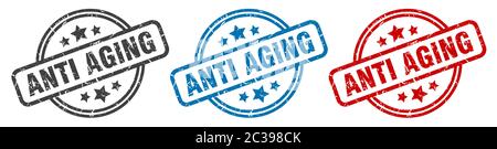 marcatura anti-invecchiamento. segno rotondo anti-invecchiamento isolato. set etichette anti-invecchiamento Illustrazione Vettoriale