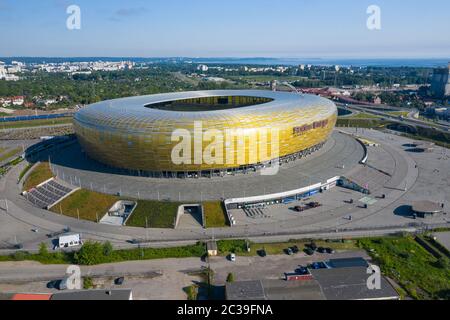 GDANSK, POLONIA - 17 GIUGNO 2020: Veduta aerea dello Stadio Energa, stadio di casa della squadra locale Lechia Gdansk. Danzica, Polonia. Foto Stock