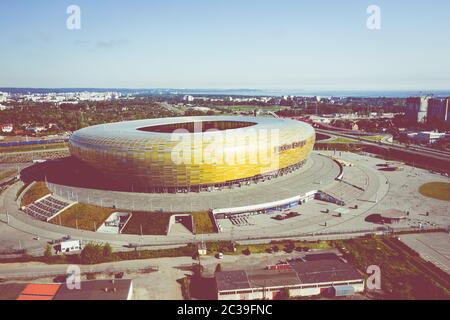 GDANSK, POLONIA - 17 GIUGNO 2020: Veduta aerea dello Stadio Energa, stadio di casa della squadra locale Lechia Gdansk. Danzica, Polonia. Foto Stock