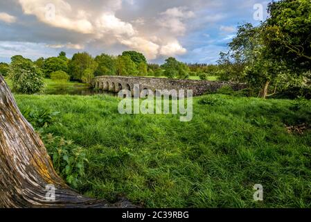 Il vecchio del XII secolo arco in pietra ponte su un fiume. Campi verdi e alberi. Drammatico il cielo al tramonto con il Rainbow. Contea di Meath, Irlanda Foto Stock