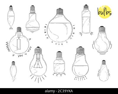 Schizzo di diverse lampadine isolate su sfondo bianco. Un ampio set di lampadine. Illustrazione vettoriale Illustrazione Vettoriale