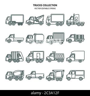 Icone del carrello impostate in stile sottile. Raccolta di simboli industriali di trasporto isolati. Diversi tipi di veicoli per il trasporto del carico. Illustrazione Vettoriale