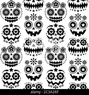 Halloween e dia de los Muertos teschi e volti di zucca vettore senza cuciture modello - messicano zucchero cranio stile texile design Illustrazione Vettoriale