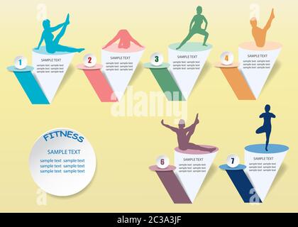 Infografico della collezione di sagome colorate di fitness per adulti che esercitano la donna in diverse posizioni. Etichette su basi numerate sono pronti fpr si Foto Stock