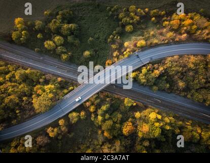 Strada tortuosa in autunno foresta al tramonto in montagna. Vista aerea. Vista superiore della bella strada asfaltata e alberi di arancio. Autostrada attraverso la woodlan Foto Stock