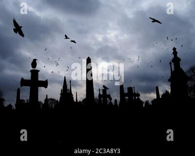 corvi volanti e arroccati su una vecchia lapide in stile gotico con silhouette alte memoriali e croci contro una nuvolosa nuvolosa Foto Stock