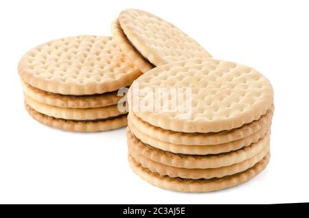 Doppio biscotto con ripieno di cioccolato ripieno su sfondo bianco Foto Stock