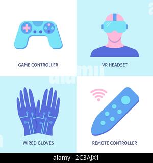 Icona di realtà virtuale in stile piatto. Collezione di simboli tecnologici moderni, tra cui cuffie, controller di gioco, guanti con filo. Illustrazione vettoriale. Illustrazione Vettoriale