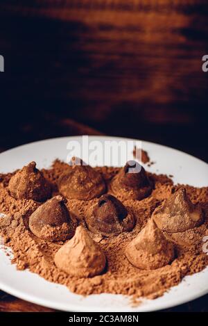 In casa tartufi di cioccolato rivestito in polvere di cacao su piastra bianca Foto Stock