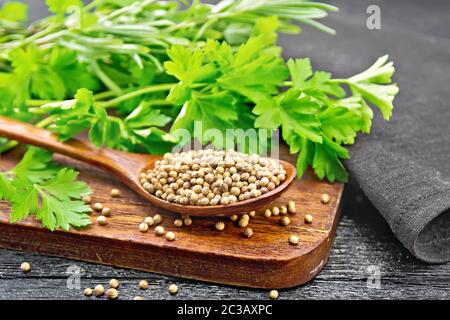 Semi di coriandolo in un cucchiaio, verde coriandolo fresco e un tovagliolo sulla tavola di legno sfondo Foto Stock