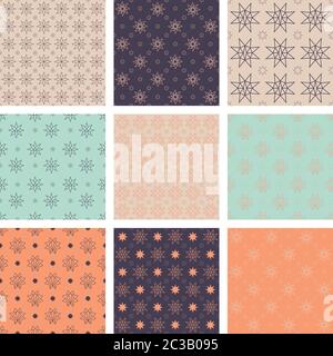Set di 9 motivi senza giunture. Stelle e sfondi colorati. Ripetibile. Decorativo. Illustrazione Vettoriale