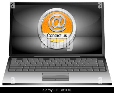 Computer portatile con pulsante arancione Contattaci sul desktop color argento - illustrazione 3D Foto Stock