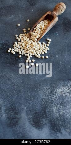 Bianco crudo grano di sorgo in una ciotola su una tabella di colore grigio Foto Stock