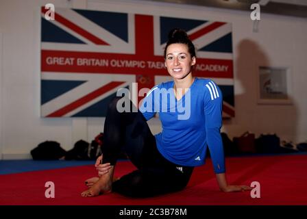 Bianca Walkden durante la sessione di formazione al National Taekwondo Centre di Manchester. Foto Stock
