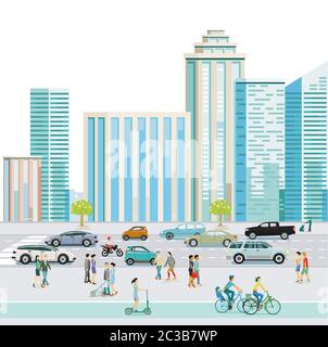 Centro Città con pedoni e automobili su strada urbana Foto Stock