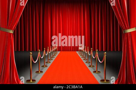 ingresso di un cinema con tappeto rosso e barriere con corda di velluto, tende rosse sullo sfondo e l'ingresso. nessuno intorno. celebrità ed exclusiv Foto Stock