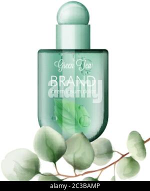 Tè verde biologico con foglie di menta in una bottiglia trasparente. Posizionamento del prodotto. Pacchetto di progettazione etichette. Vettore Illustrazione Vettoriale
