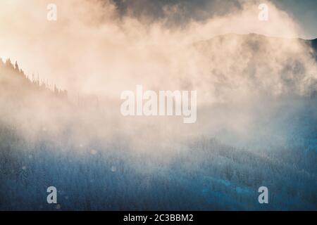 Bellissimo paesaggio invernale, alte montagne ricoperte di conifere sotto la neve caduta, nebbia invernale nella foresta montagnosa, clima incredibile, C. Foto Stock