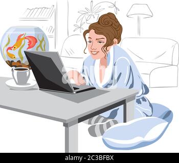 Donna in pigiama che si trova al computer portatile, mentre beve una tazza di caffè. Pesci tranquillamente nuotare in acquario. Vettore Illustrazione Vettoriale