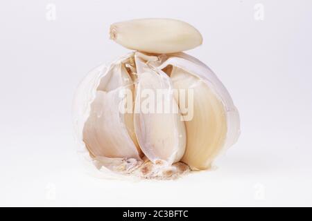 Aperto aglio bianco tubero, i chiodi di garofano con buccia, isolati su sfondo bianco. Il cibo, il concetto di salute Foto Stock