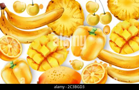 Composizione di frutta e verdura gialla. Mango, peperone, ciliegia bianca, ananas, banane, limone Vector Illustrazione Vettoriale