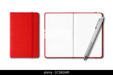 Rosso di aperto e di chiuso i notebook rivestito con una penna isolato su bianco Foto Stock